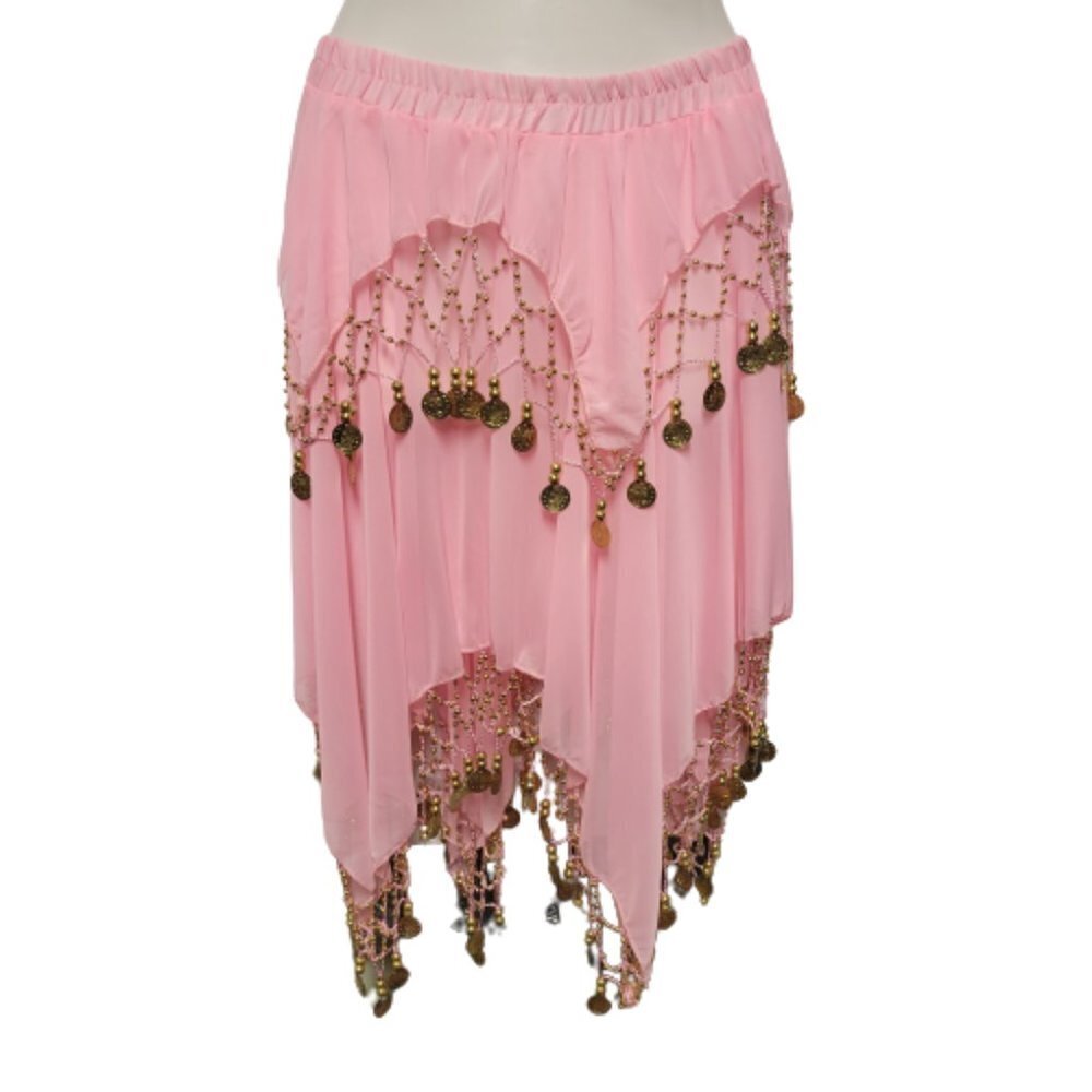 Kids or Teens Dance Skirt Pink Sheer Party Skirt with Gold Beads and Coins